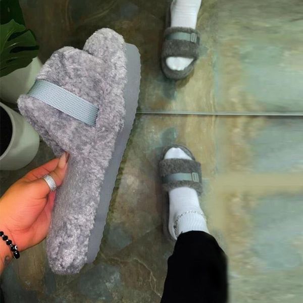 

women's slippers 2021 fashion comfort woman indoors shoes anti slip fluffy warm women open toe buckle female flats latform, Black