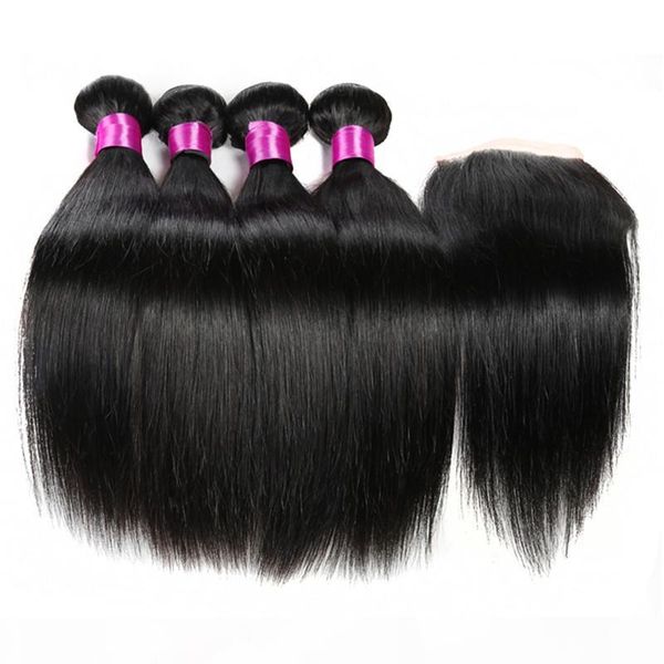 

brazilian virgin hair with closure human hair brazilian straight hair weaves 3 or 4 bundles with lace closure, Black;brown