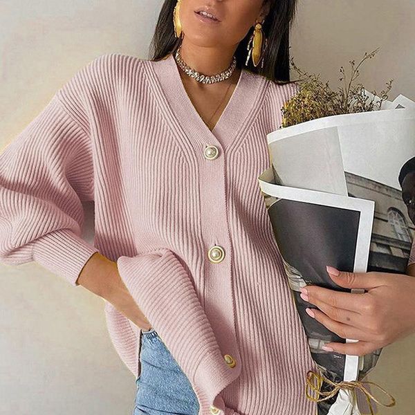

pure color women sweater autumn new fashion long sleeved v neck single breasted sweater street clothing top, White