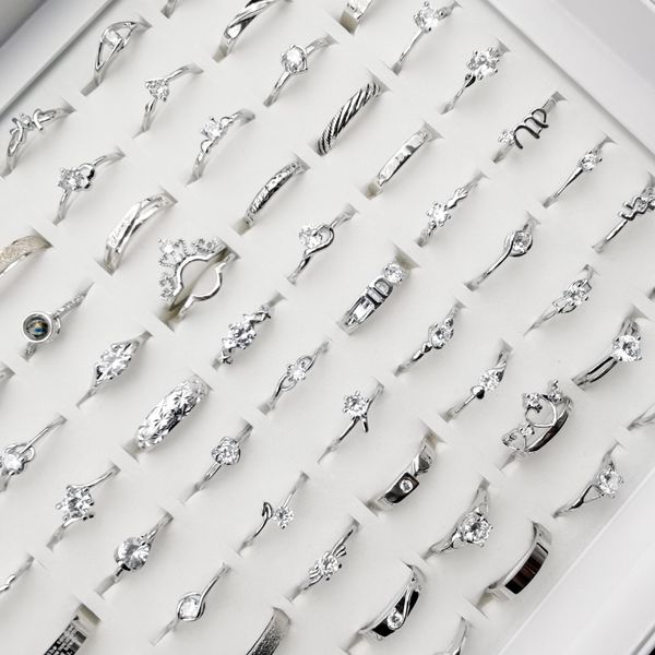

wholesale 100pcs sparkling silver rings fashion simple women's wedding band rings mixed style gift party engagement jewelry