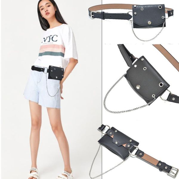 

luxury 2020 new chain belts punk style pocket fashion retro female hip messenger purse wallet metal buckle skirt bag belt bg-809, Black;brown