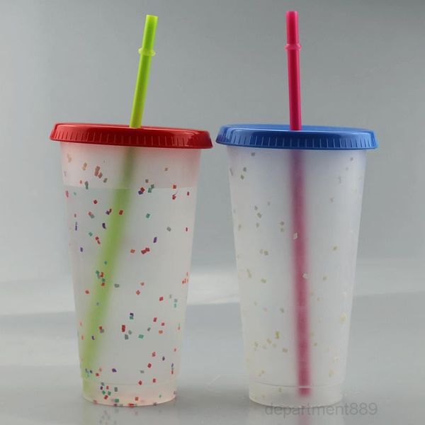 

glitter 5pcs lot 24oz plastic lid straw 710ml reusable pp coffee mug rainbow color changing water bottles cold drink magic tumbler owf2374