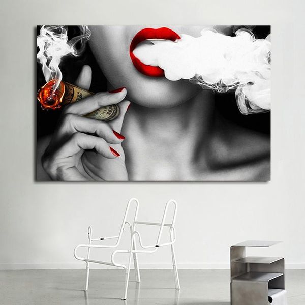 

oucag women red lip smoking money poster and prints fashion lady canvas painting wall art artwork for living room bedroom