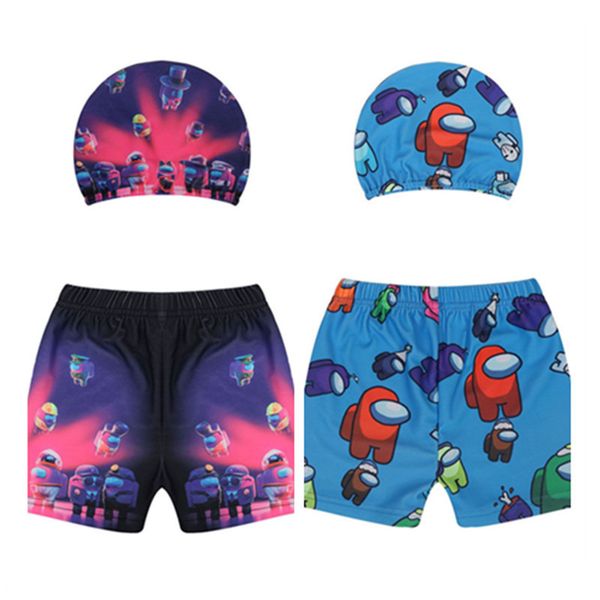 

kids boy girls swim trunks among us game swimsuit cartoon anime cute swimwear shorts wave cap 2 piece set swimming bathing suit cz122801, Blue