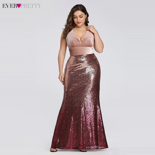 

plus size evening dresses long ever pretty v-neck sleeveless sequined burgundy blush pink vintage mermaid party gowns lj201123, White;black