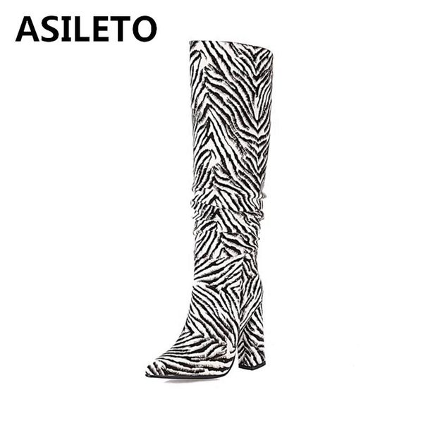 

boots asileto women over knee pleated pointed toe 10cm high square heel slip-on big size patent leather zebra winter s2081, Black