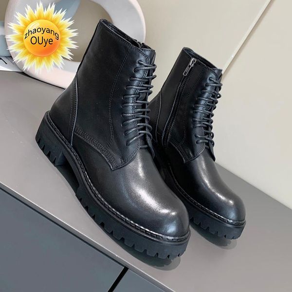 

autumn 2021 new leather short boots increased thick soled motorcycle boots round head side zipper black women's shoes