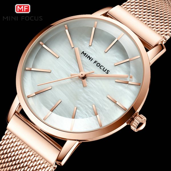 

minifocus simple casual women watches brand luxury quartz analog clock rose golden stainless steel strap elegant dress watch, Slivery;brown