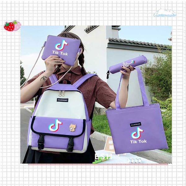 

tik tok schoolbag four-piece college men's and women's backpack large-capacity backpack student schoolbag