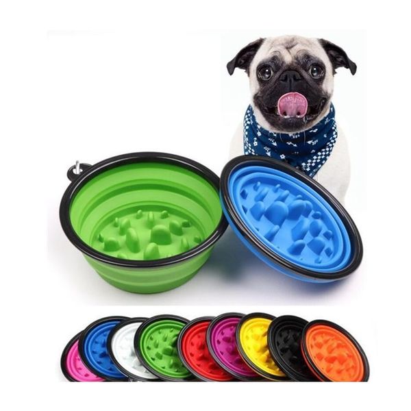 

collapsible pet dog cat feeding bowl slow food bowl water dish feeder silicone foldable choke bowls for outdoor travel 9 colors to