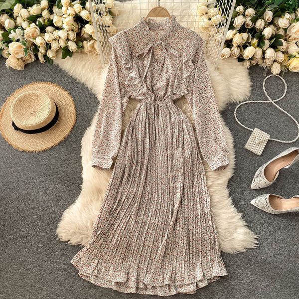 

2021 new women chiffon neck puff elastic the line dressed elegant autumn print dress fx5e, Black;gray