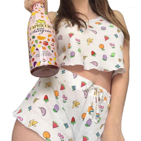 

summer clothing set women casual cute fruits print sweet honey young ladies tied sling crop shorts lace up sets homewear1, White