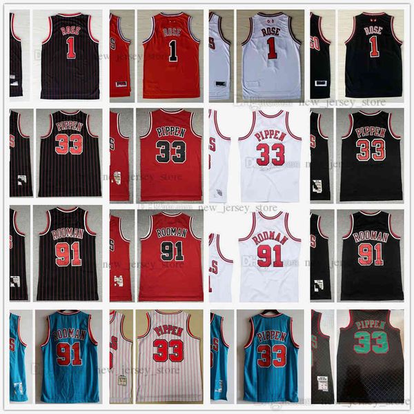 

mitchell and ness scottie33pippen basketball jerseys retro red stripe derrick1rose dennis91rodman jersey white black for man, Black;red