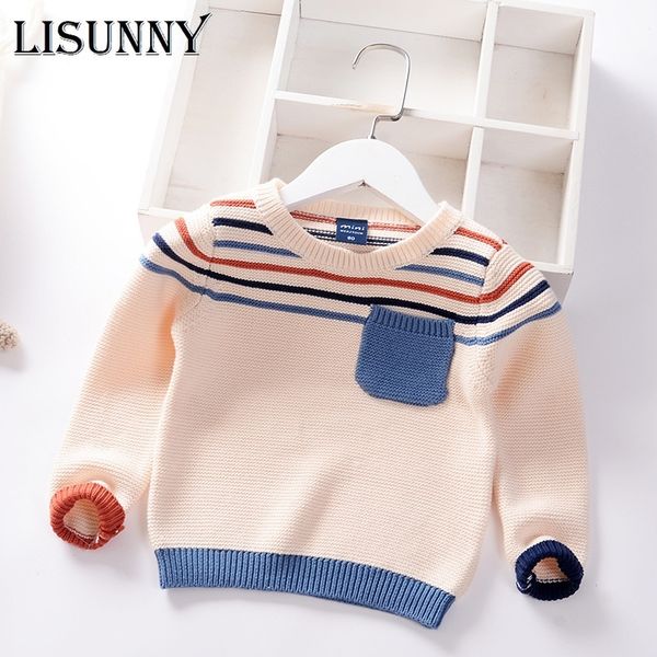 

boys thick sweater autumn winter children striped pocket pullover sweater baby round neck kids sweater toddler clothes 201128, Blue