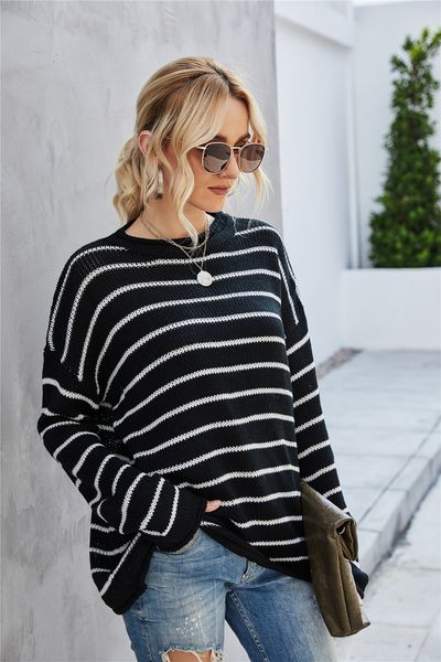 

2021 new spring winter knitted striped pullovers women o-neck sweet color matching sweater j1tz, White;black