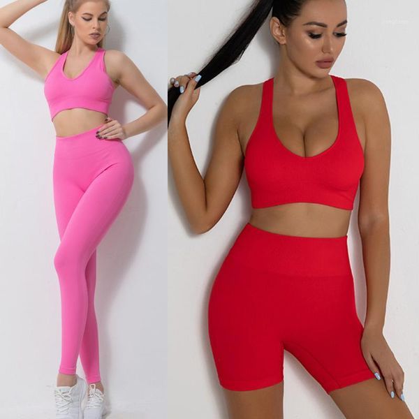 Roupas de Ginástica de Tracksuit das Mulheres de Yoga 2 PCs Conjunto de Fitness Running Apertada Bra Sports Wear Mulher Sem Emenda