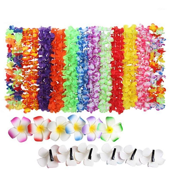 

41/24pcs artificial leis garland wreath necklace hair clips diy gift for hawaii wedding fun beach carnival party supplies decor1