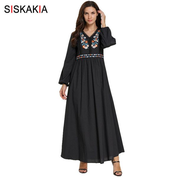 

siskakia casual muslim long dress ethnic v neck long sleeve floral embroidery maxi dresses black plus size arabian clothing 2019 t200601, White;black
