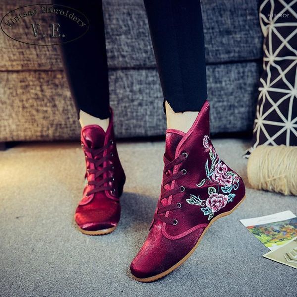 

vintage embroidery bota feminina ladies casual ankle boots chinese ethnic embroidery shoes woman silk satin lace up women flats1, Black
