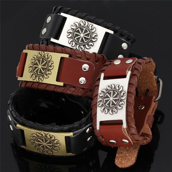 

tennis vintage viking genuine leather bracelet sun wheel men metal accessories exquisite craft retro jewelry gift, Golden;silver