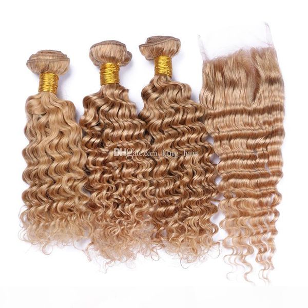 

honey blonde #27 malaysian deep wave human hair bundles with lace closure part #27 lace closure with hair weaves, Black