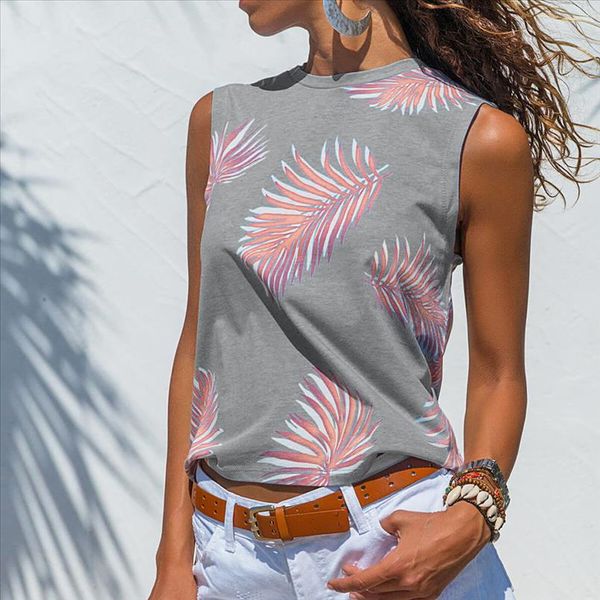 

womens leaf printing sleeveless t shirt print sleeve shirt new summer shirts womens clothing camisetas mujer, White