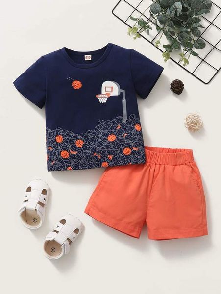 

baby boy basketball print tee with shorts she, White