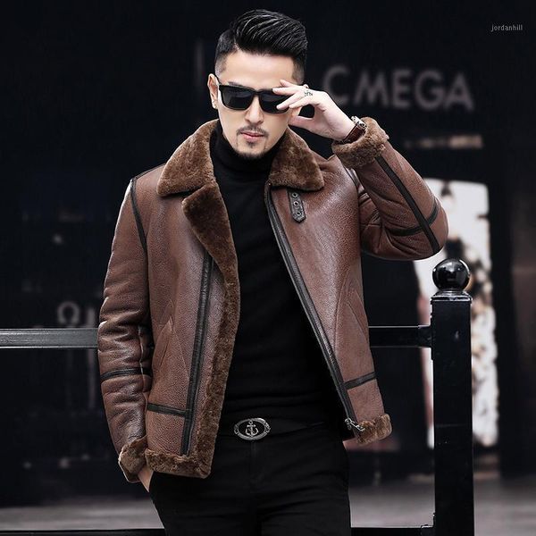 

genuine leather jacket men winter jacket natural wool fur coat men sheepskin coat vintage bomber jackets plus size erkek montmy1, Black