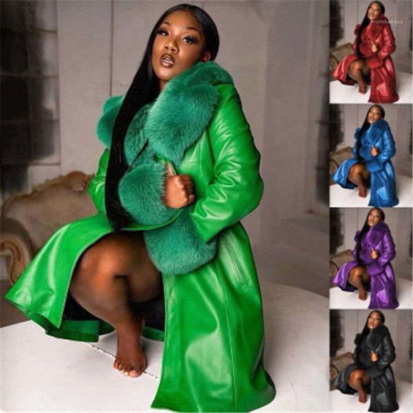 

outerwear female winter solid color lapel loose casual coats women wool blends coat fashion trend splicing pu leather long sleeve mid-length, Black