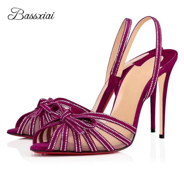 

bling air mesh bowtie sandals for girls women 10cm thin high heel open toe rhinestone summer sandalias de mujer, Black