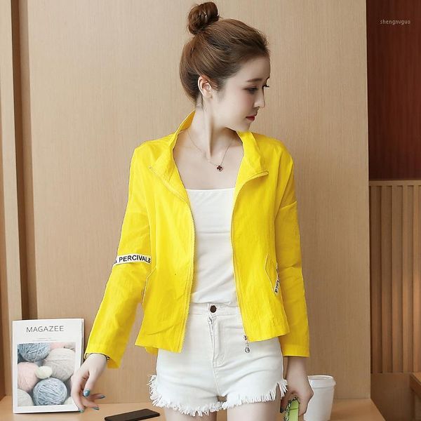 

#3508 harajuku casual suncreen jacket women yellow white blue back asymmetrical summer coat women thin loose short jacket zipper1, Black;brown