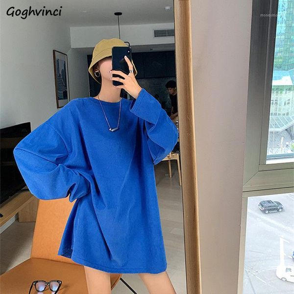 

women's t-shirt women long sleeve t-shirts solid loose trendy simple cool females leisure street wear chic all-match harajuku cotton o-, White