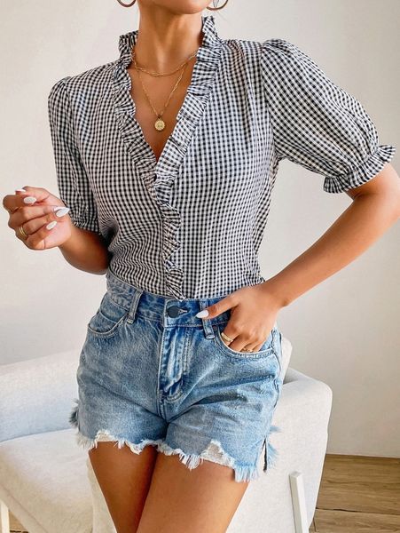 

gingham frill trim puff sleeve blouse z2ov#, White