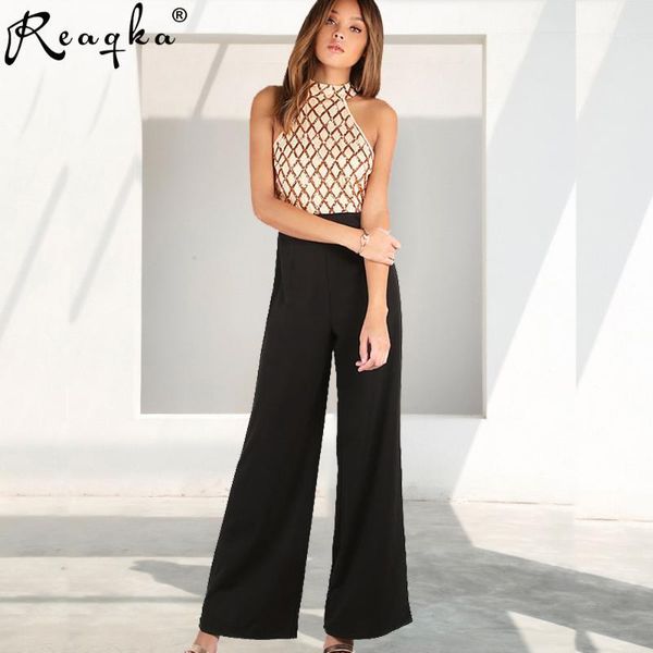 

reaqka casual rompers womens jumpsuit women summer gold sequins patchwork boot cut full length sleeveless halter bodysuit1, Black;white