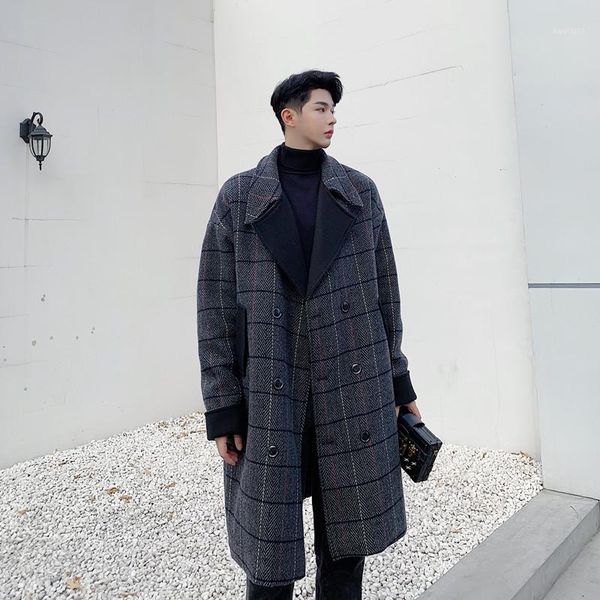 

men wool plaid trench coat outerwear spring autumn male vintage fashion casual loose long jacket overcoat1, Black