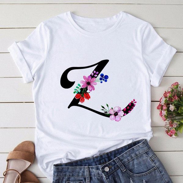 

vogue 26 alphabet with flowers letter women t-shirt harajuku casual white tees women 2021 new summer casual female t-shirt