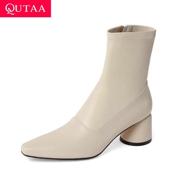 

boots qutaa 2021 pointed toe zipper ankle cow leather autumn winter ladies pumps square high heel fashion women shoes size 34-39, Black