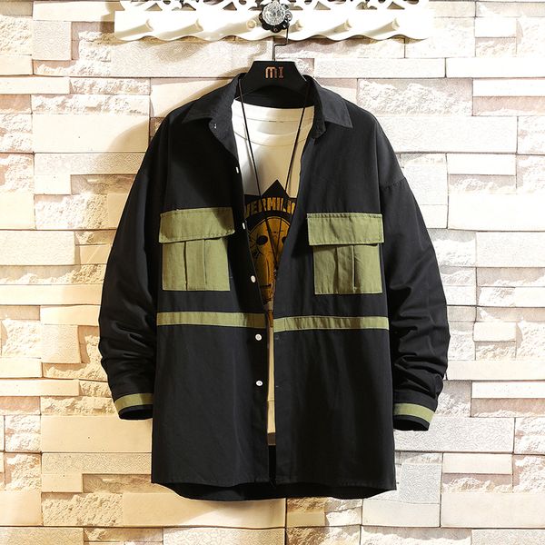 

2021 brand spring autumn black hip hop streetwear patchwork long sleeves new collar korea style shirt for men's clothing vtg7, White;black