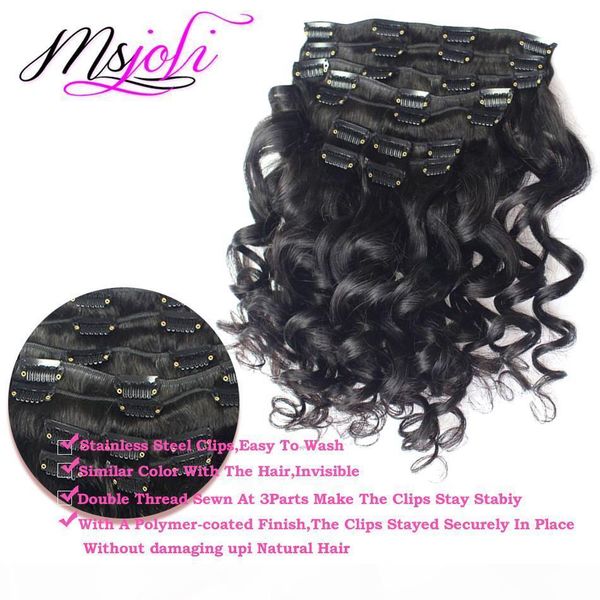 

msjoli brazilian virgin human hair clip in hair extensions 100g loose wave natural color full head 7pcs lot, Black;brown