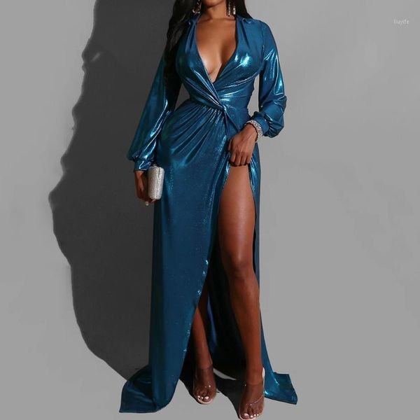 

deep v neck evening party dresses women elegant blue high waist side slit long sleeve long dress african lady maxi robe1, White;black