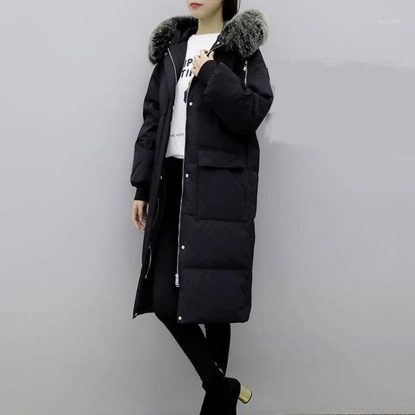 

2020 new fur hooded winter down jacket women slim long parkas down coat female thick warm white duck jacket1, Black