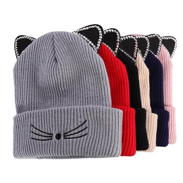 

beanie/skull caps women winter knitted hats cap rhinestone cat ears female beanies fashion hip-hop gorro hat warm casual ladies embroidery b, Blue;gray