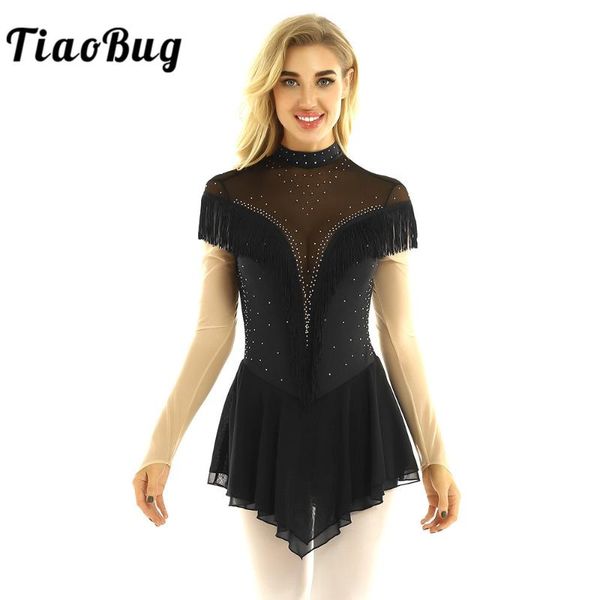 

tiaobug women dancewear rhinestones tassels figure skating dress ballet gymnastics leotard stage performance competition costume, Black;red