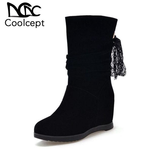 

boots coolcept woman wedges cross strap 2021 nid calf black daily casual winter warm fur round toe lace size 34-40
