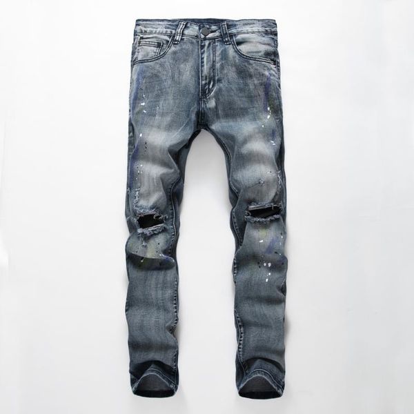 

personalized design casual jeans men's ripped hole painted color printed denim pants blue grey straight elastic cowboys trousers