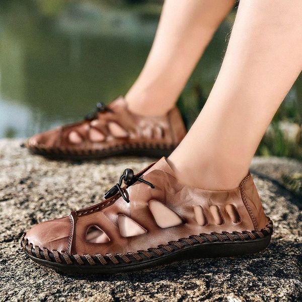 

summer mens sandals beach handamde genuine leather sandals men gladiator sandals outdoor sports male summer shoes big size 48 #1z2s, Black