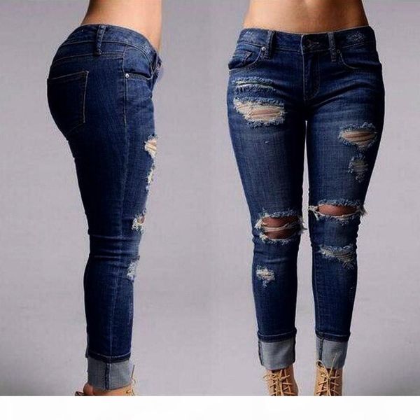 

feitong 2017 women skinny jeans ripped holes denim pants high waist stretch slim destroyed knee pencil jeans female trousers, Blue