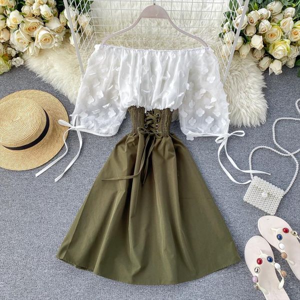 

2020 off shoulder patchwork summer short dress party flower chiffon slim waist lace up women casual a line beach dress, Black;gray