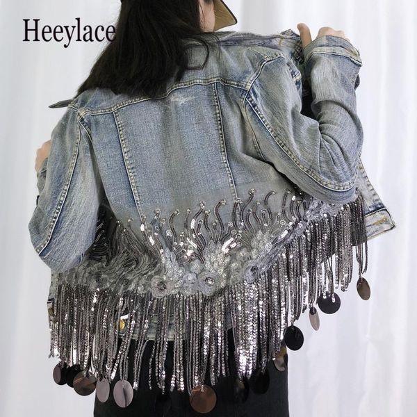 

sequined beading tassel hem women jacket coat long sleeve fashion women denim jacket autumn coat chaqueta mujer1, Black;brown