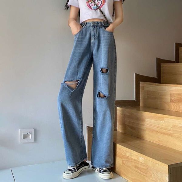 

autumn 2020 new jeans korean floor high waist and holes women's loose straight tube wide leg pants, Blue